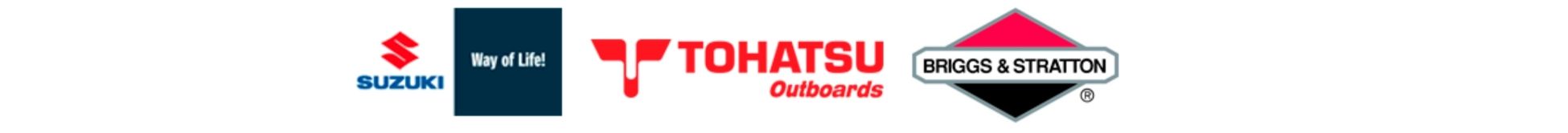 Motorshop nokia huoltoliike huoltaa mm. Suzuki, Wau of Life, Tohatsu ja Briggs & Stratton koneet. Kuvassa näiden yrityseten logot.